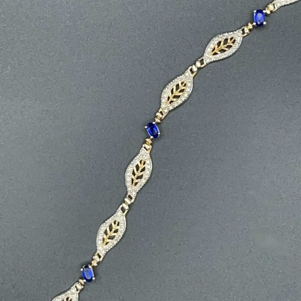 Sterling Silver Blue Stone Link Bracelet Gold Vermeil Two Tone Open Leaf Sz 7